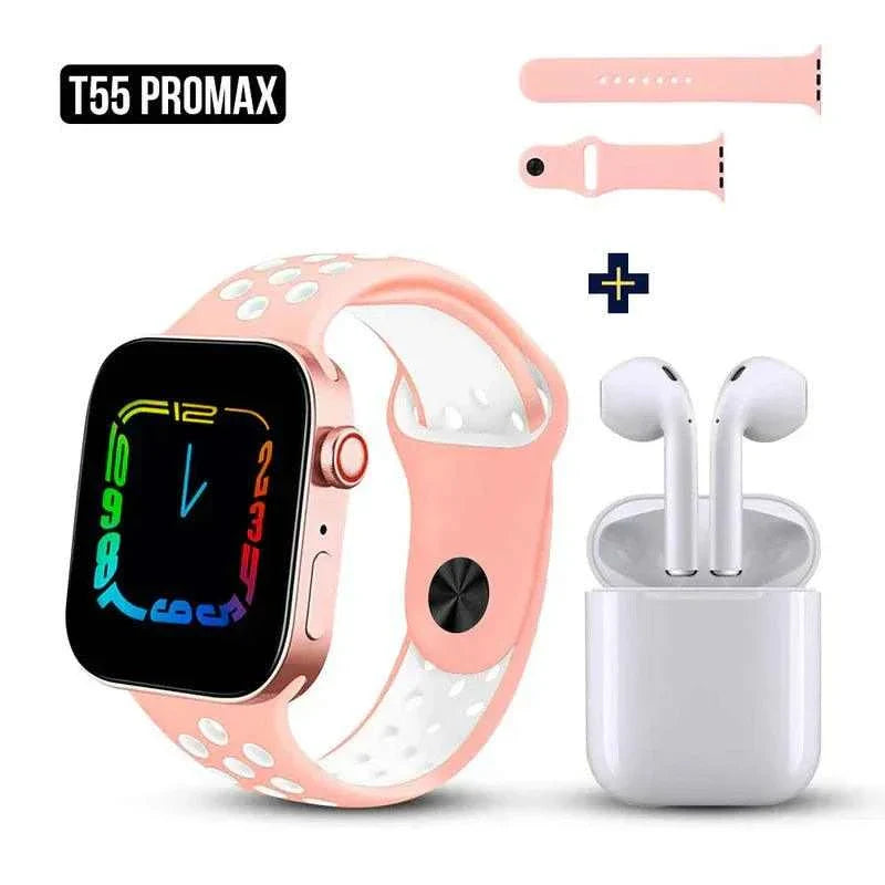 COMBO RELOJ T55 PRO MAX MAS AUDIFONOS con smartwatch y auriculares inalámbricos, correa intercambiable, tecnología avanzada.